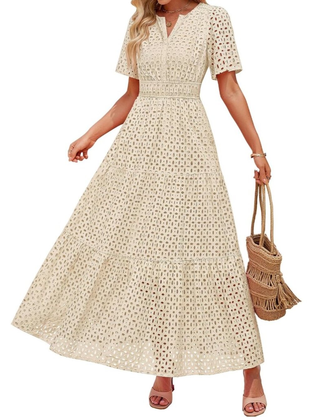 Women's Apricot Summer Short Sleeve High Neck V Neck Eyelet A Line Maxi Dresses